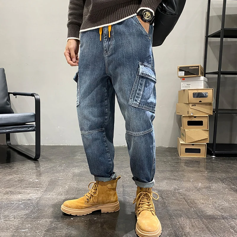 Streetwear Men New Pattern Blue Mop Pants Fashion Hip Hop Multiple Pockets Broad Leg Overalls Temperament Versatile Jeans Autumn