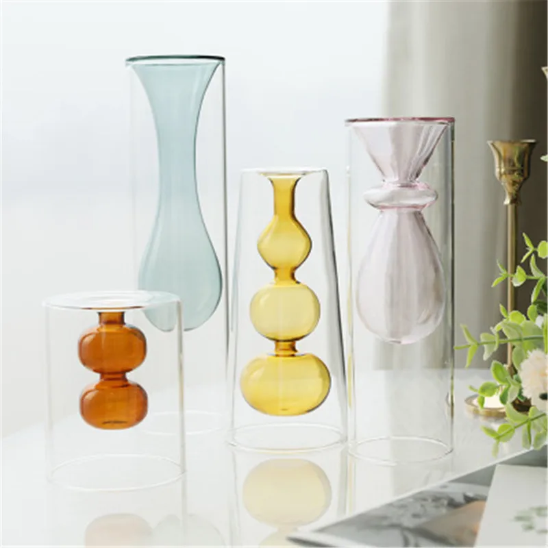 

Nordic Simple Color Stained Glass Double Transparent Vase Personalized Hydroponic Flower Device Desktop Decorations Accessories