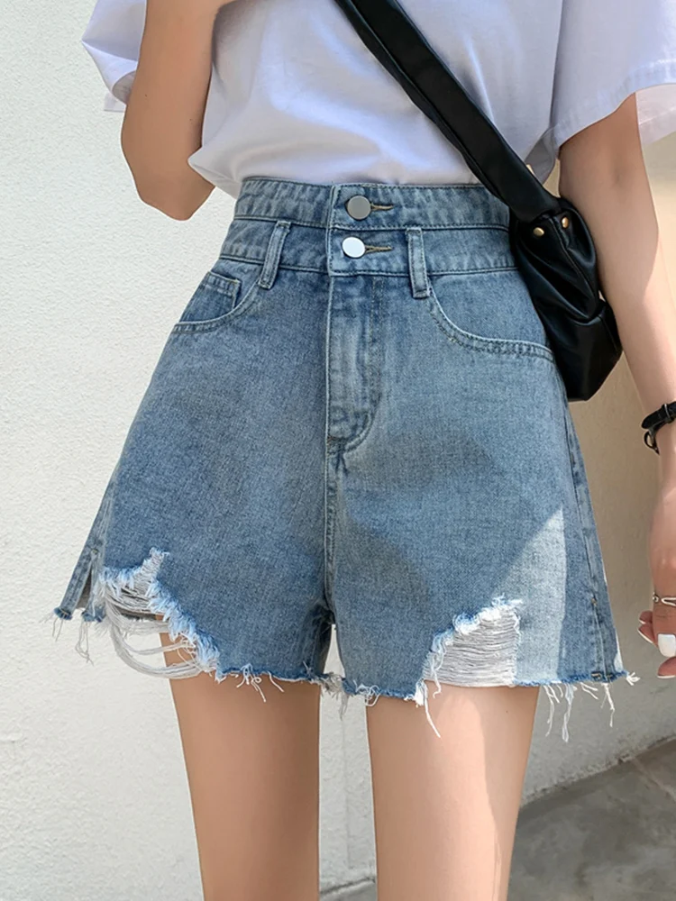 Streetwear Women Loose Hole Frayed Retro Denim Shorts Spring Summer Female High Waist Button Jeans Shorts Bottoms