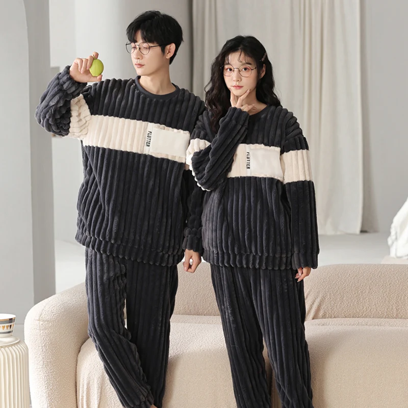 Высококачественный пижамный комплект для пар женские и мужские теплые флисовые