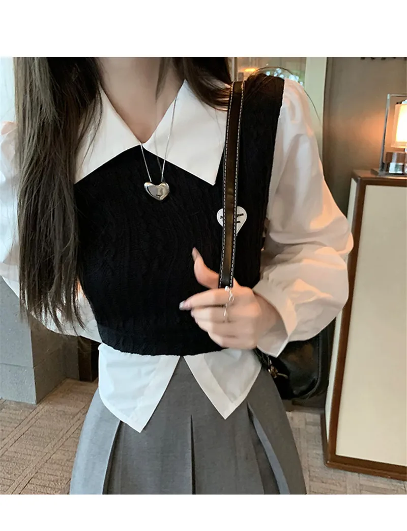 Sweet Japanese Girl Fashion 2 Piece Skirt Sets Long Sleeve Patchwork Shirt Top&ampHigh Waist Pleated Mini 2pc Dress Outfits |