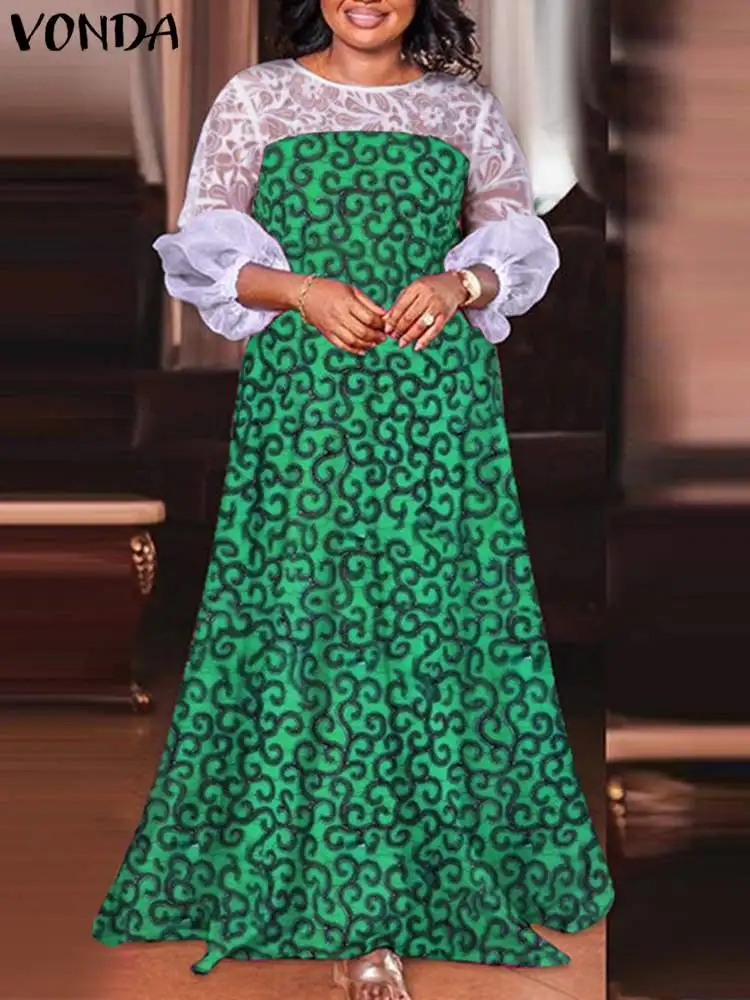 

Богемное женское платье-макси VONDA с длинным рукавом-фонариком, кружевной сетчатый лоскутный летний сарафан 2023, повседневное праздничное платье с принтом для женщин