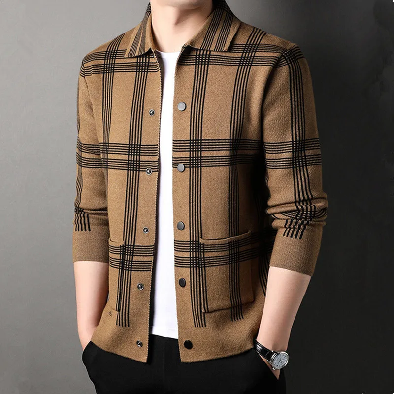 UHYTGF Fashion Youth Spring Autumn Knitwear Coat Men's Long Sleeve Plaid Cardigan Knitted Sweater Male Jacket Casual Men Top 167