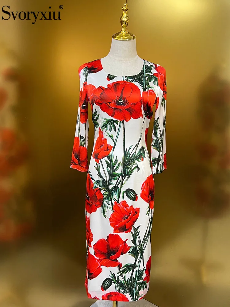 Svoryxiu Fashion Designer Spring Summer Silk Flower Print Pure Silk Pencil Midi Dress Women Long Sleeve High Waist Slim Dress
