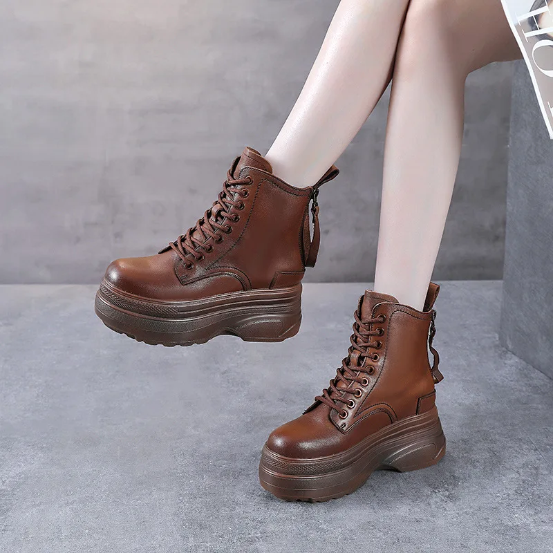 2023 autumn and winter new leather thick soled waterproof platform ankle boots heightening heels Martin boots back zipper