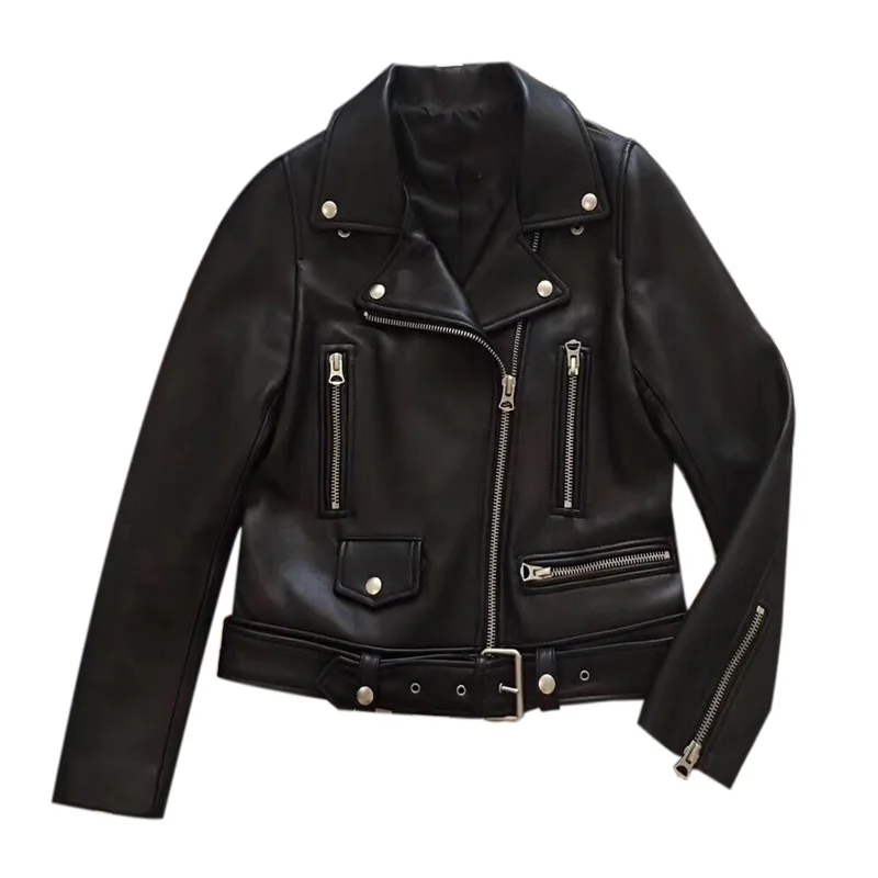 Women's Motorcycle Leather Jacket High Quality Fauxe Sheepskin Leather Short Jacket Spring 2020