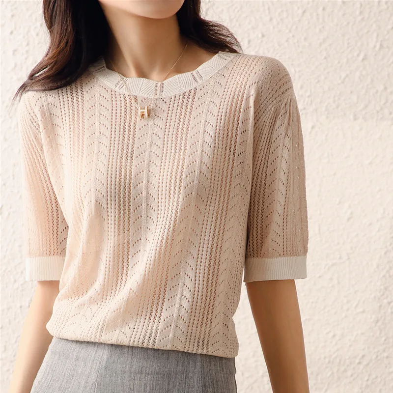 

Summer Woman's Sweater Tees Short Sleeve O-Neck T-Shirt Fashion Hollow Jumper Female Pullover Wool Blended Knitted Tops Clothes