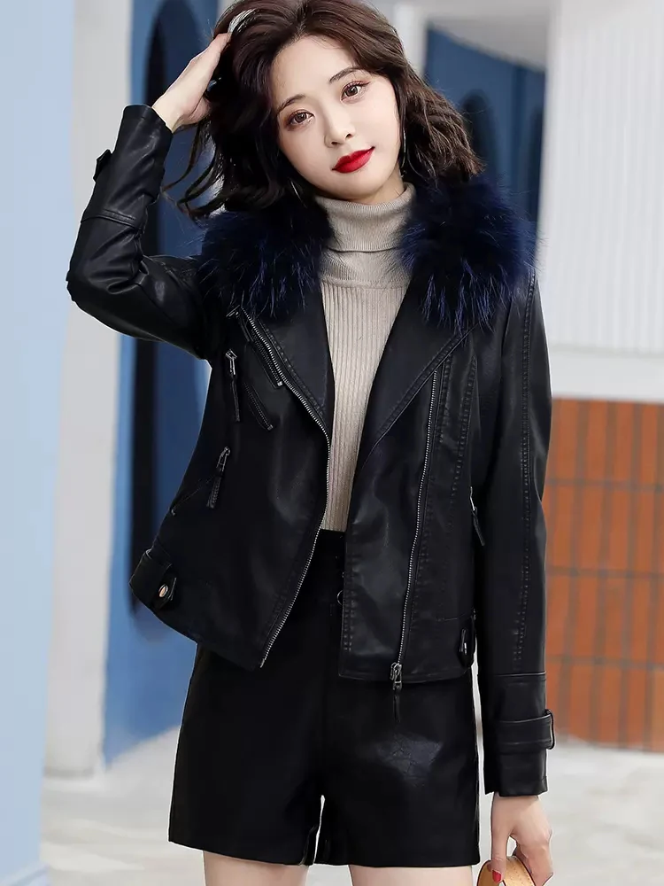 New Women Thicken Leather Jacket Autumn Winter Fashion Fox Fur Collar Plus Velvet Lining Slim Short Biker Coat Split Leather