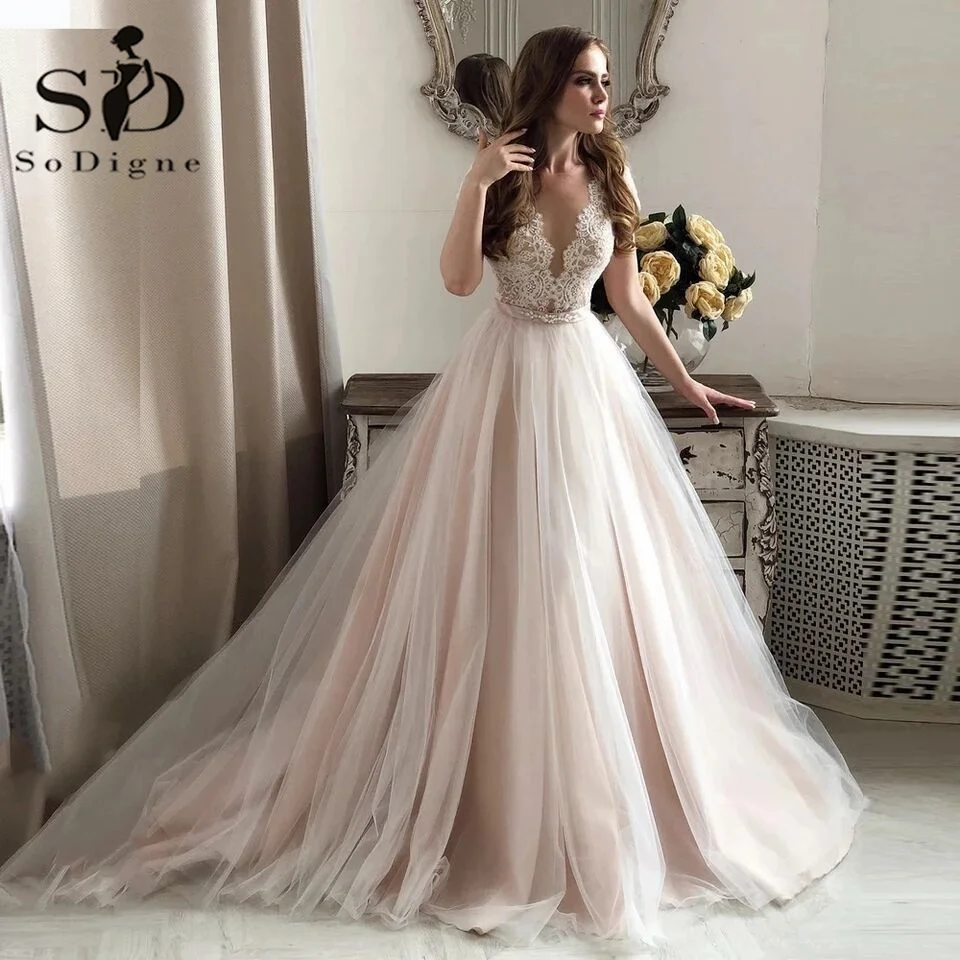 Классическое винтажное розовое свадебное платье soworthy с поясом, кружевное свадебное платье принцессы с V-образным вырезом и шлейфом
