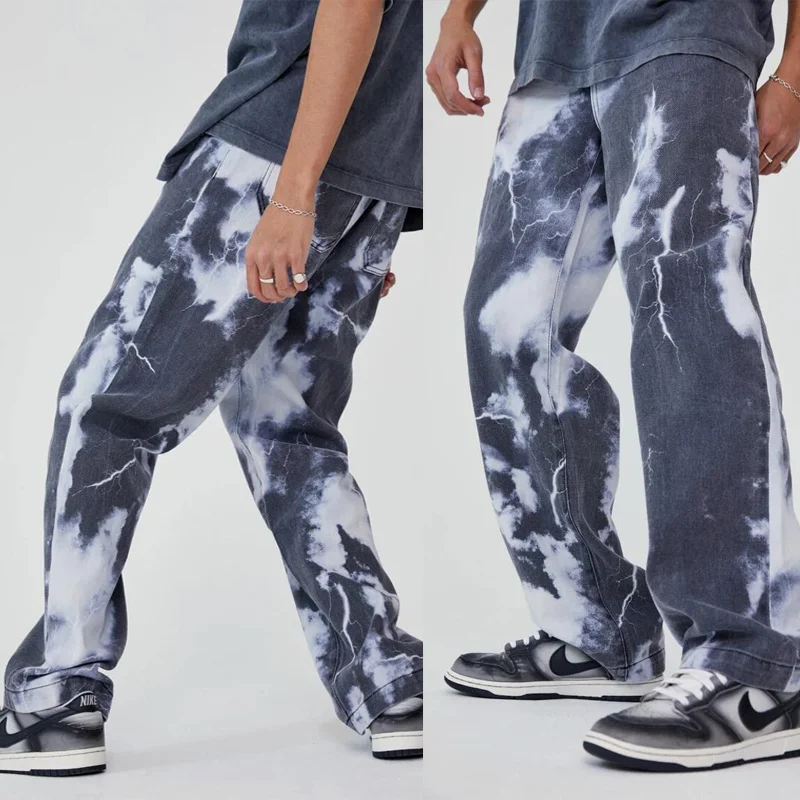 New Men's Printed Pattern Jeans Harajuku Fashion Street Hip Hop Casual Loose Wide Leg Pants Khaki Jeans Washed Men's Biker Pants