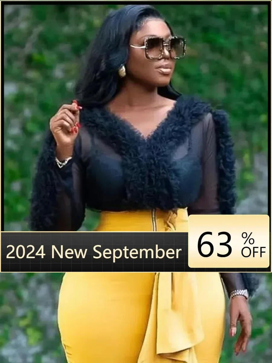 Черные прозрачные топы с V-образным вырезом пуловер оборками повседневные блузки