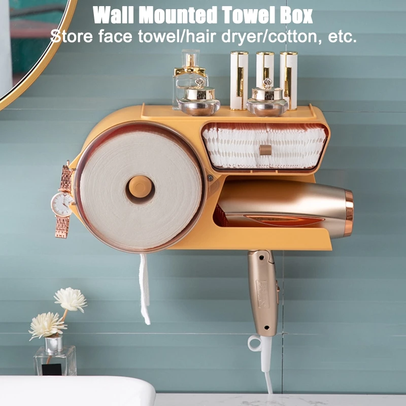 Toilet Paper Roll Holder Hair Dryer Rack Wall Mounted Storage Rack Towel Holder Bathroom Accessories Punch-free B03E