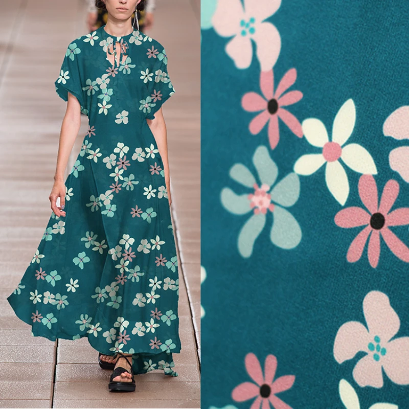

Mulberry Silk Crepe De Chine Fabric Fashion Green Small Pink Flower Digital Printing Women's Clothing Cloth for Dress Per Meter