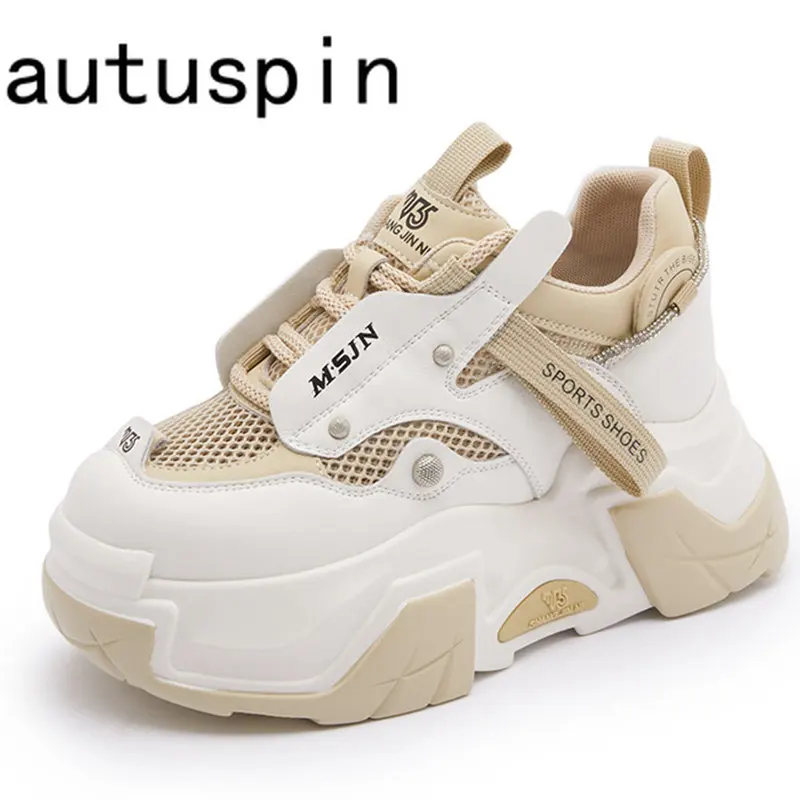 

Autuspin 8cm Platform Women Mesh Shoes Fashion Summer Genuine Leather Wedge Heeled Chunky Sneaker Hollow Lace Up Sneakers Woman