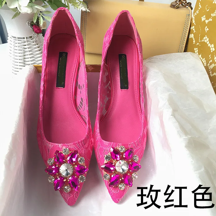 2023 Autumn Lace Pointed High Heel Net Yarn Breathable Rhinestone Flat Fine Heel Women's Single Shoes
