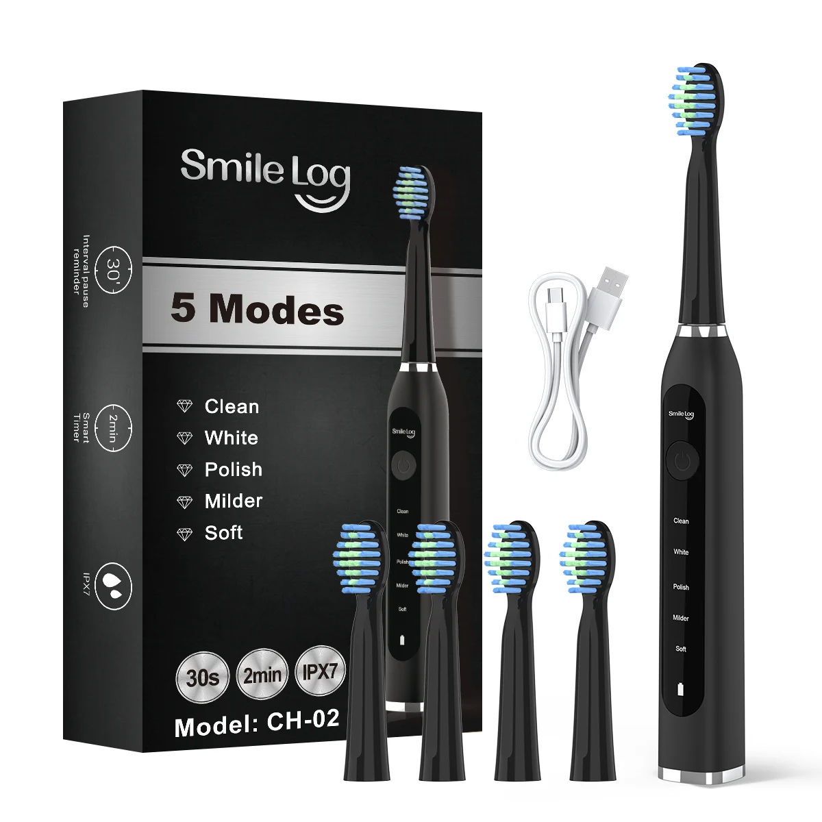 Фото Зубная щетка Smilelog EB513 Sonic, 39800VPM, водонепроницаемость IPX7, 60 дней автономной работы, 5 режимов, 4 насадки, зарядка Type-C, дорожный футляр №1