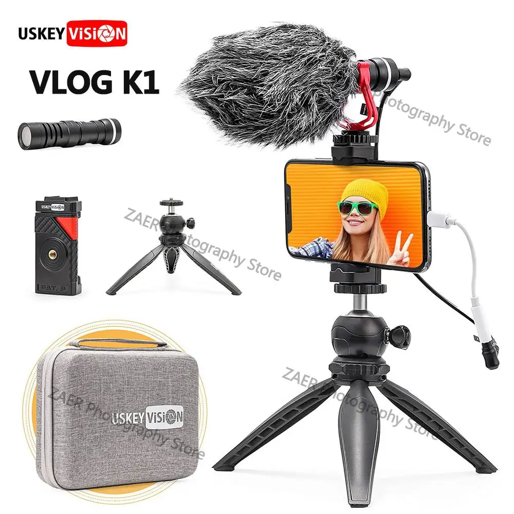 

USKEYVISION Vlog K1 Tripod Kit Video Microphone Vlog Kit Tripod Ball Head Phone Clip for Phone Smartphone Camera for Live Video