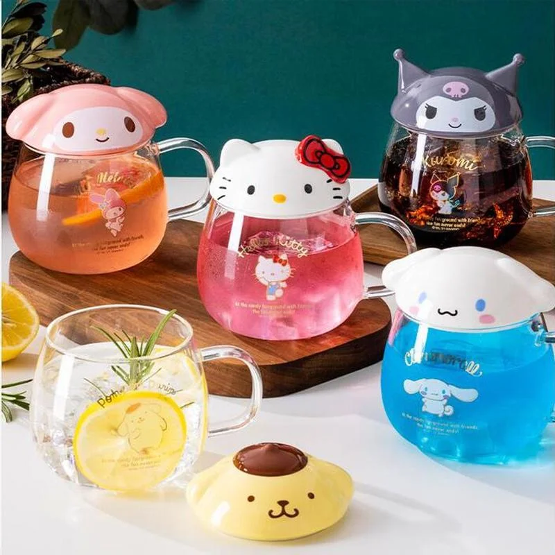 

Kuromi My Melody Sanrioed Cinnamoroll Kawaii Ins Anime Glass Milk Juice Drink Heat-Resistant Breakfast Cup with Spoon Lid 400ML