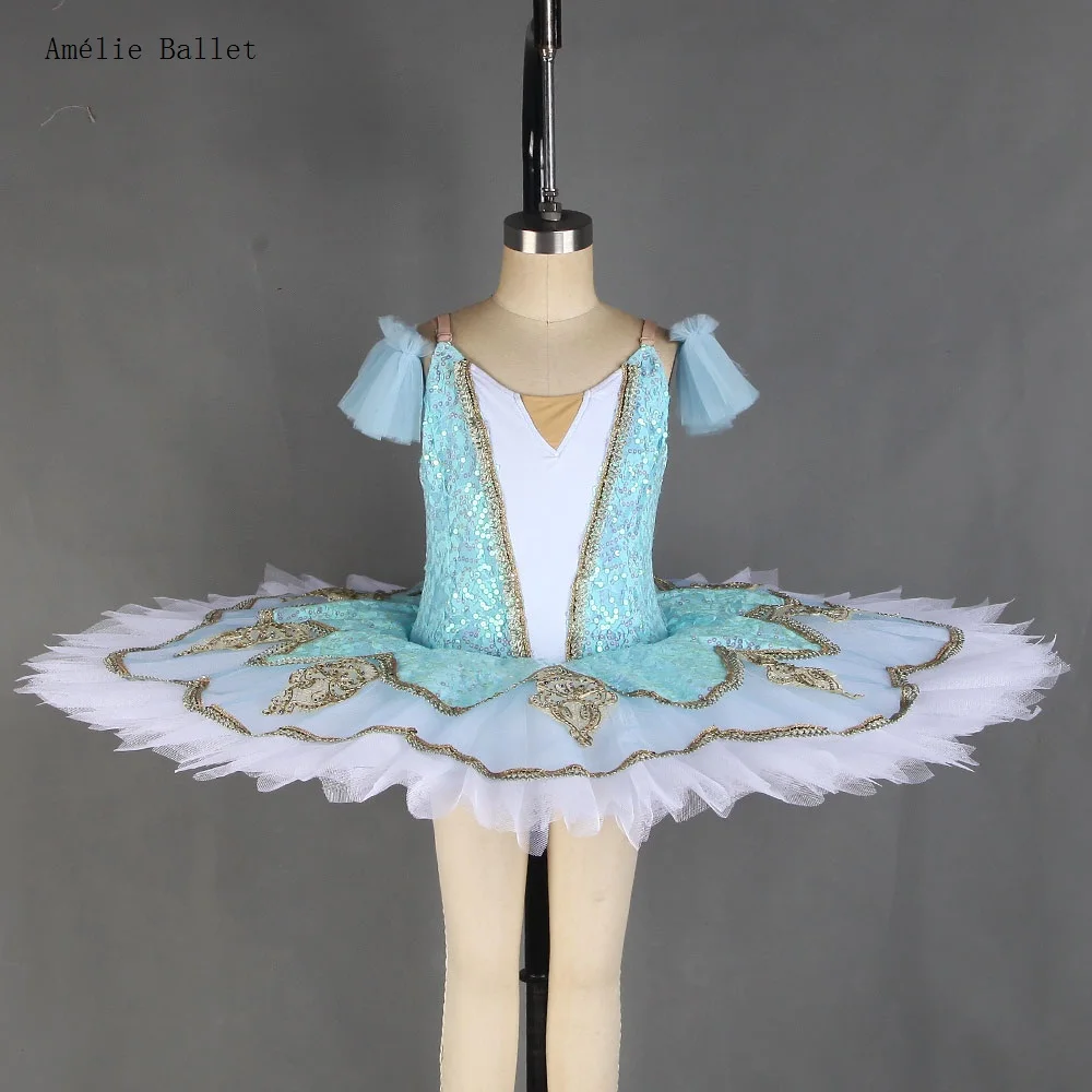 

BLL422 Sky Blue Sequin Top Bodice Ballet Pancake Tutu Skirt for Girls and Women Ballet Dancing Dress Pre-Professional Tutus