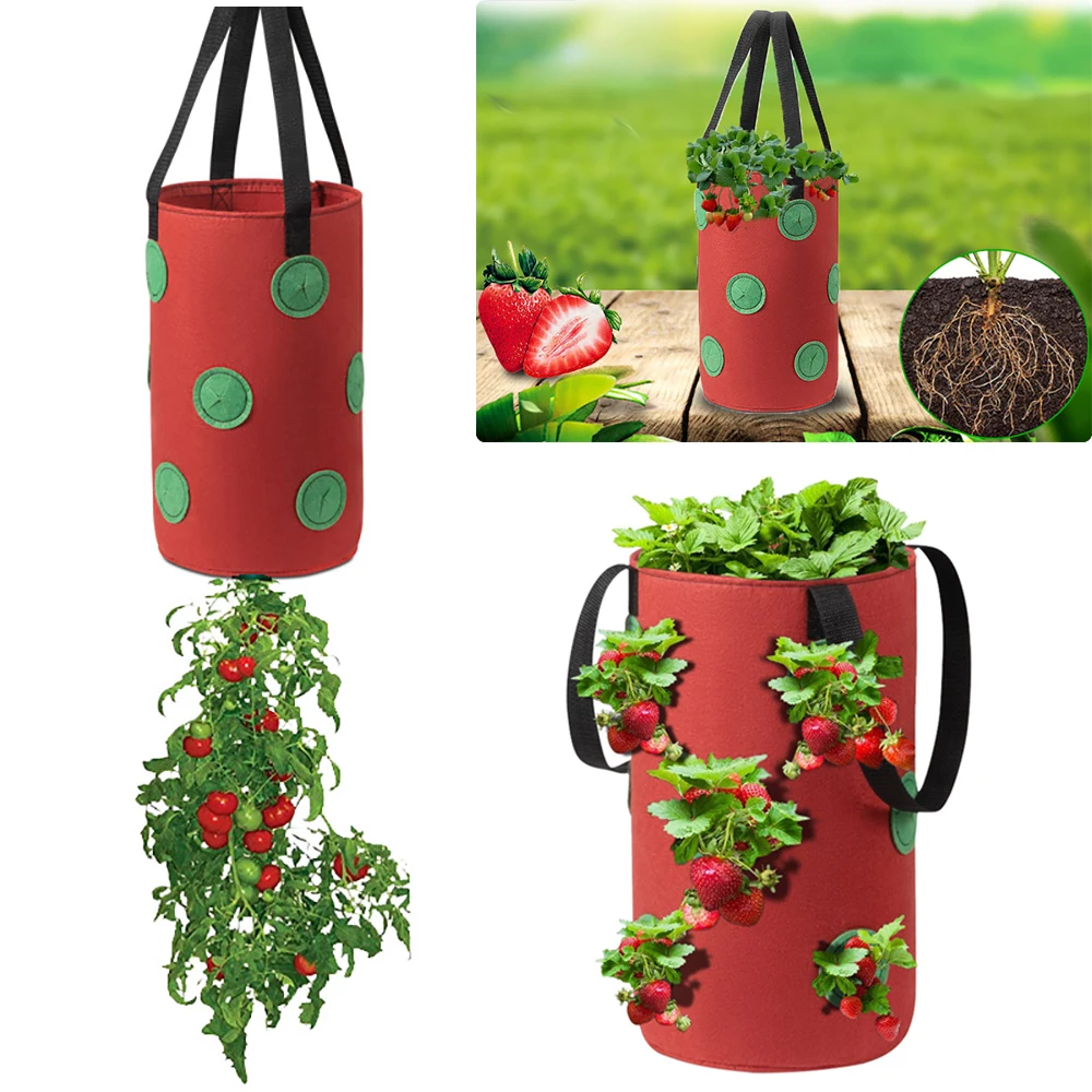 

1/2PCS Hanging Non-woven Strawberry Planting Bag with Holes Garden Hanging Pots Garden Plant Grow Bag with Visualization Pockets