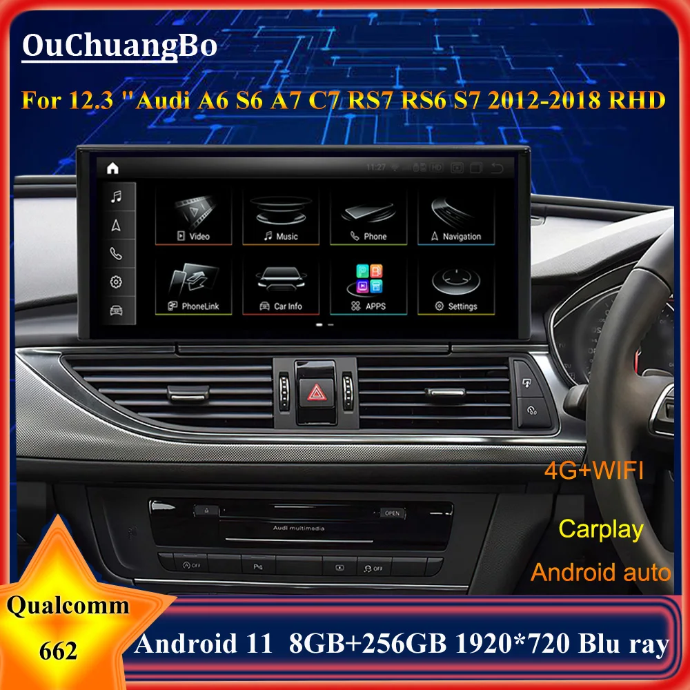 

Ouchuangbo Car Radio For RHD 12.3 Inch Audi A6 S6 A7 C7 RS7 RS6 S7 2012-2018 Snapdragon 662 with Bluray android 11 256GB carplay