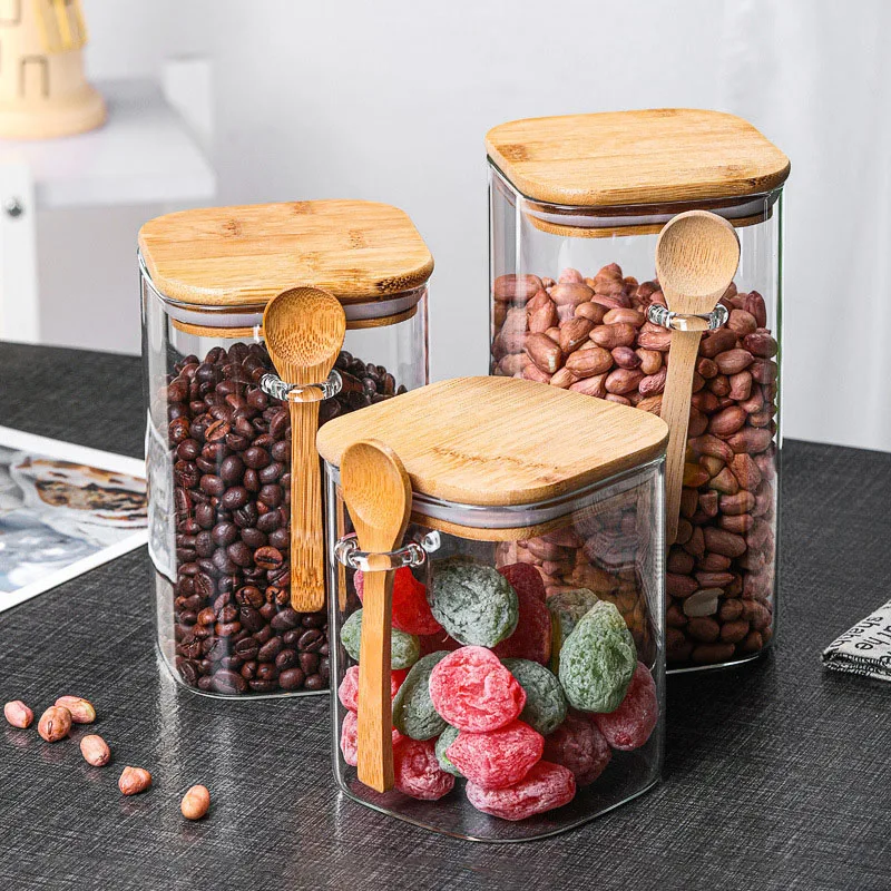 

Новая квадратная стеклянная банка контейнеры для хранения пищевых продуктов диспенсер для зерен банка для конфет кухонные органайзеры коробка для хранения емкость с деревянной ложкой
