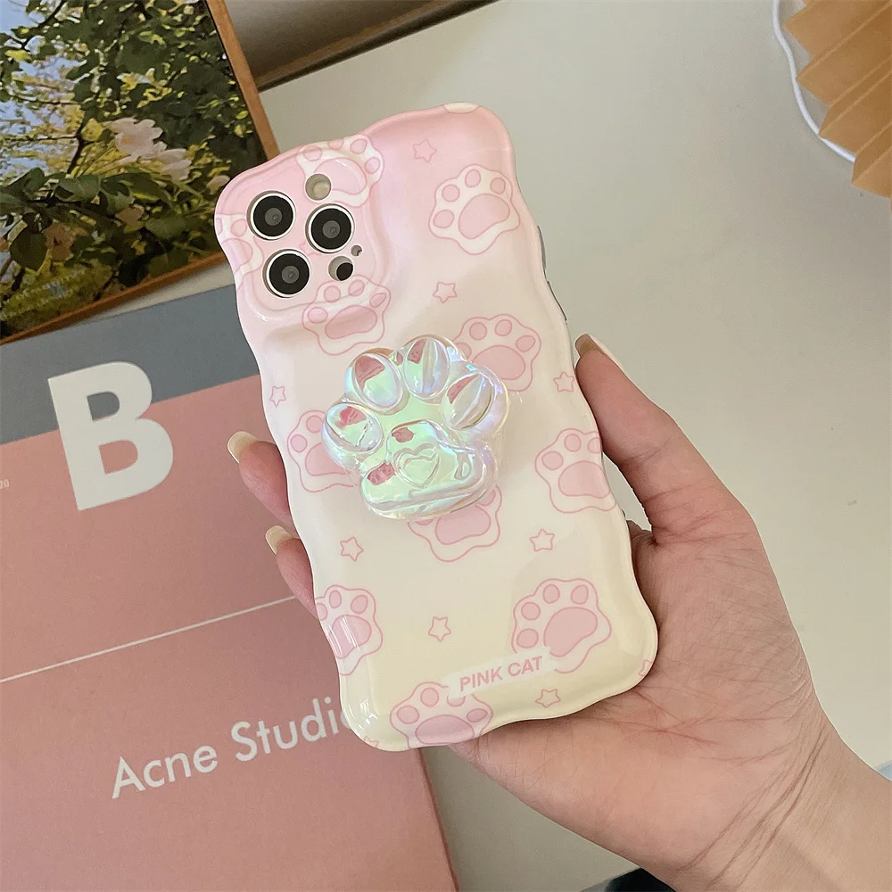 

Cute Cartoon Laser Cat Paw Stand Wavy Border Phone Case for IPhone 11 12 13 Pro Max X XR XS Max Soft Gradient IMD Back Cover