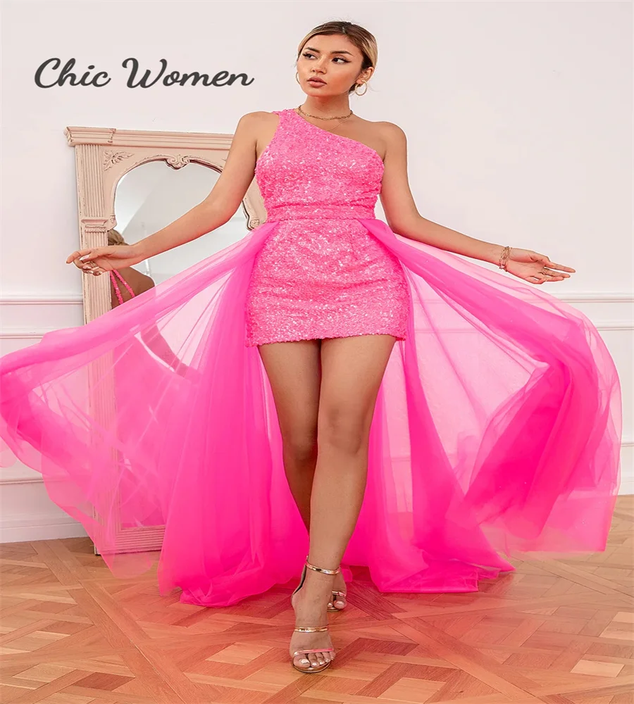 Роскошное ярко-розовое вечернее платье с пайетками и съемным шлейфом 2 в 1