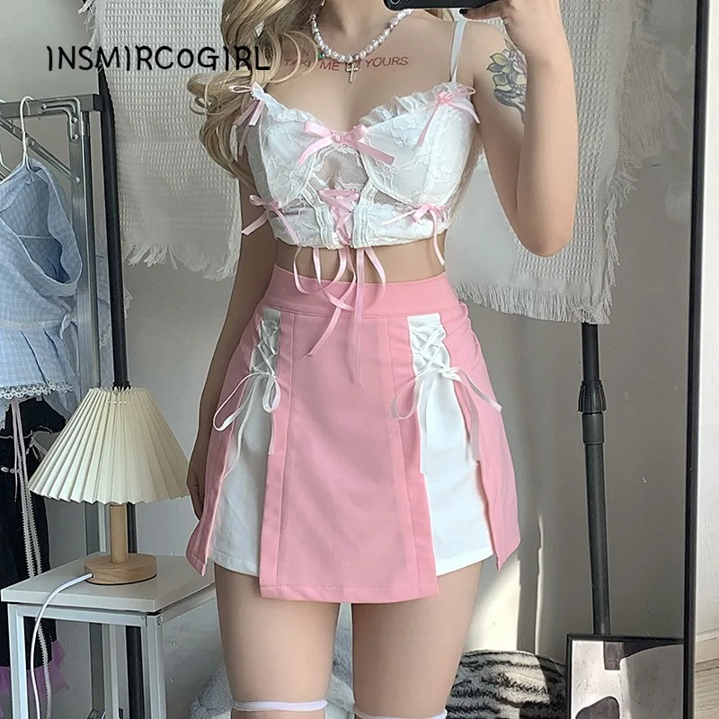 

INSMIRCOGIRL Kawaii Pink White Patchwork Tie-up A Line High Waist Short Japanese Lolita Skirts Fairycore Cute Outfit