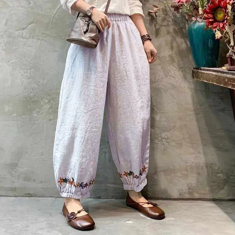 Повседневная Женская одежда свободные хлопковые льняные брюки женские