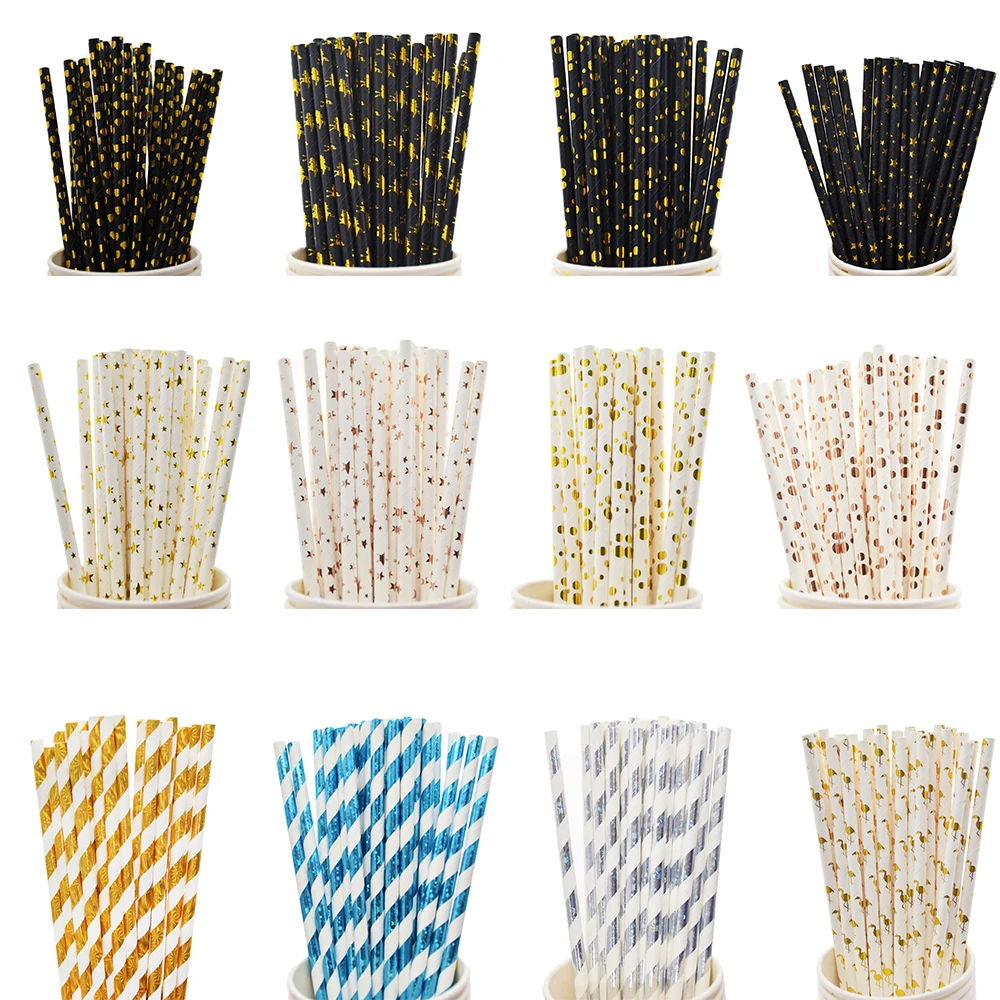 Bronzing Black Pink Blue White Gold Paper Straws Biodegradable Multi-Pattern Party Straws for Birthday Wedding/Bridal Holiday