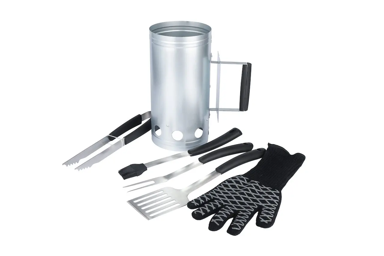 

Steel Charcoal Chimney 6pc Value Set with Spatula, Basting Brush, BBQ Fork, Tongs and EN407 Certified 932F Heat Resistant Glove