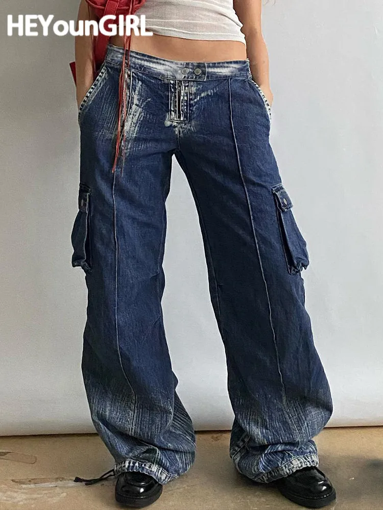 

HEYounGIRL Retro Low Waist Baggy Jeans Y2K Fashion Hip Hop Street Loose Denim Pants Grunge Autumn Pockets Trousers Harajuku 2022