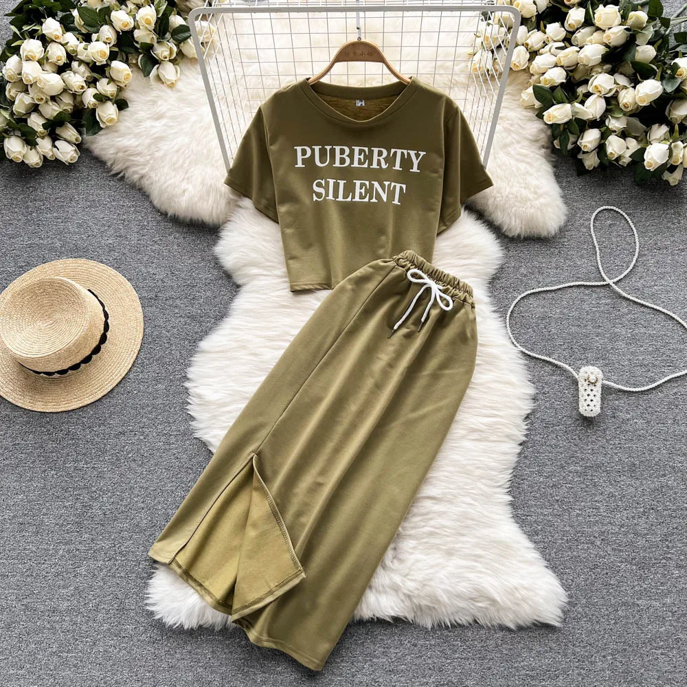 

Women's Short Letter T-shirt and Slit Drawstring Skirt, Casual Suit, Small Fragrance, Round Neck, Fashion, Summer, 2-Piece Set