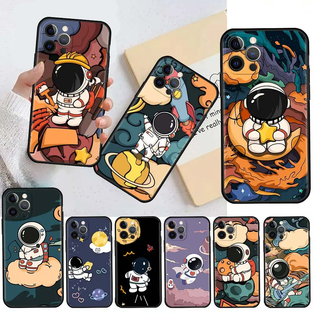 

Star Astronaut Cute Case For Apple iPhone 13 11 12 Pro 7 XR X XS Max 8 6 6S Plus 5 5S SE 2020 13Pro Black Phone Cover Capa