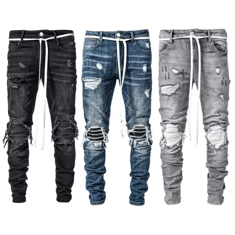 2022 New Mens Jeans Elastic Leggings Locomotive Hole Jeans Men Streetwear Men Ripped Jeans Full Length Denim Pants