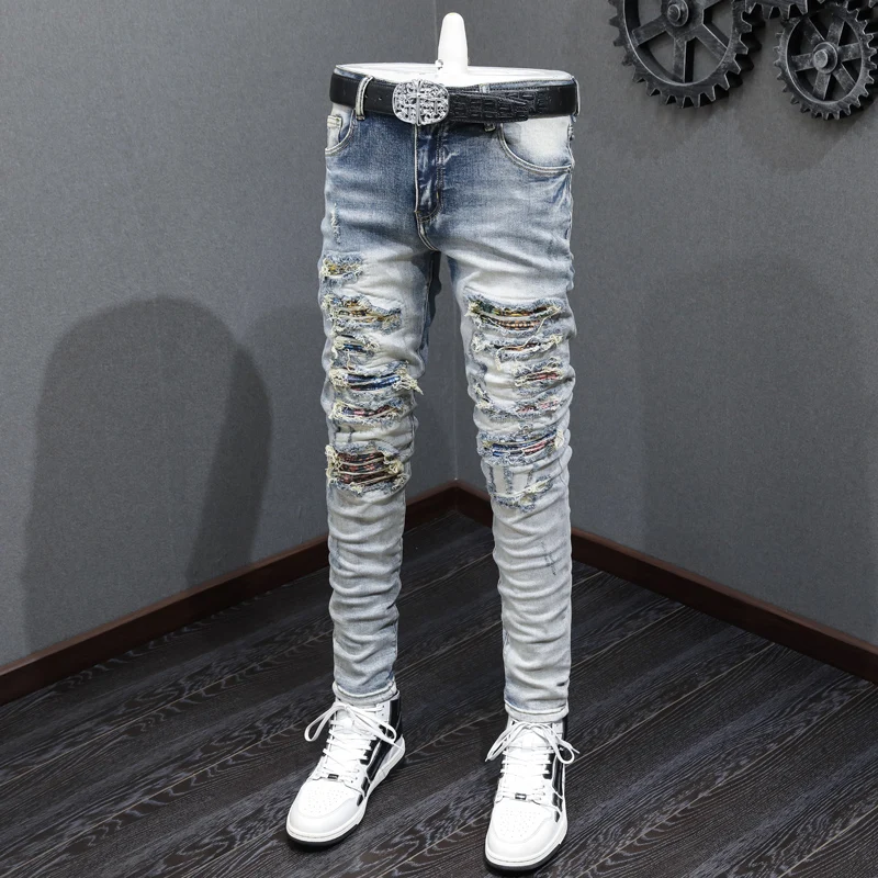 Street Fashion Men Jeans Retro Blue Patched Designer Elastic Stretch Broken Skinny Ripped Jeans Men Hip Hop Brand Pants Hombre