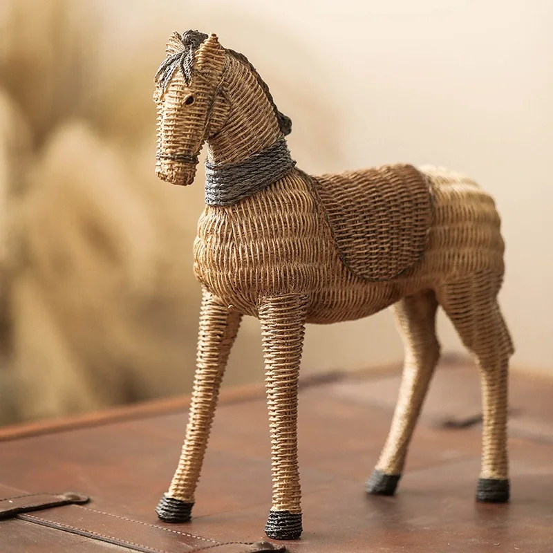 

Nordic Rattan Pattern Horse Resin Statue Living Room Porch Ornaments Resin Horse Sculpture Model Modern Crafts Home Decoration