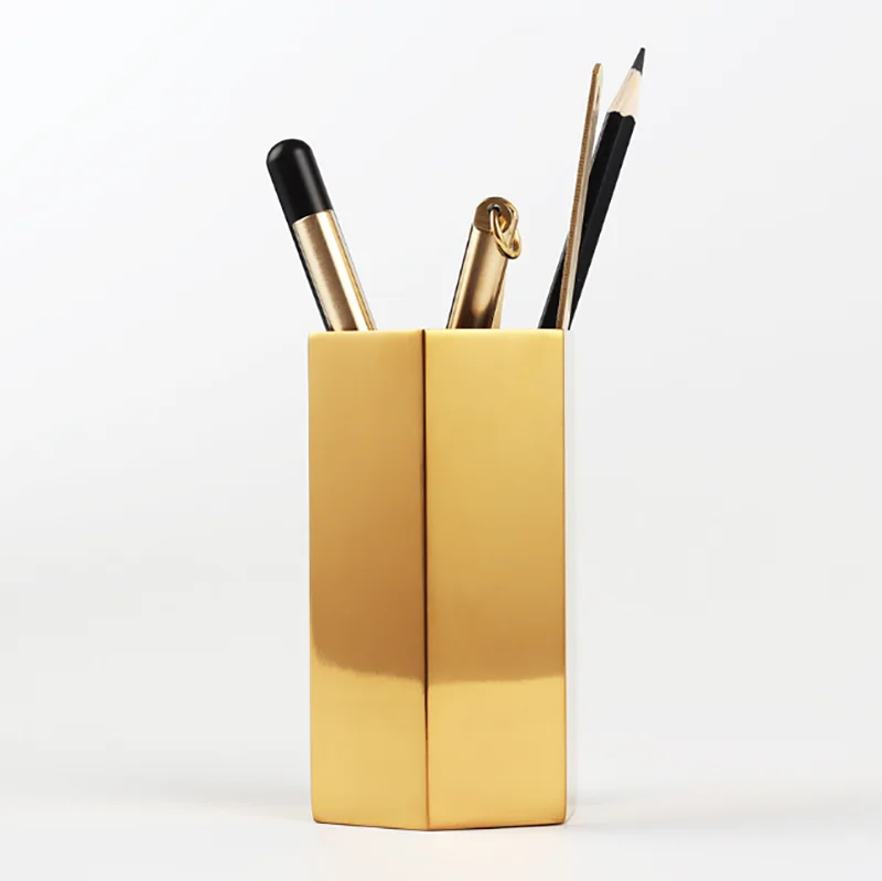 

Golden Iron Pen Holder Nordic Minimalist Desktop Storage Pen Holder Multifunctional Hexagonal Diamond Pen Holder
