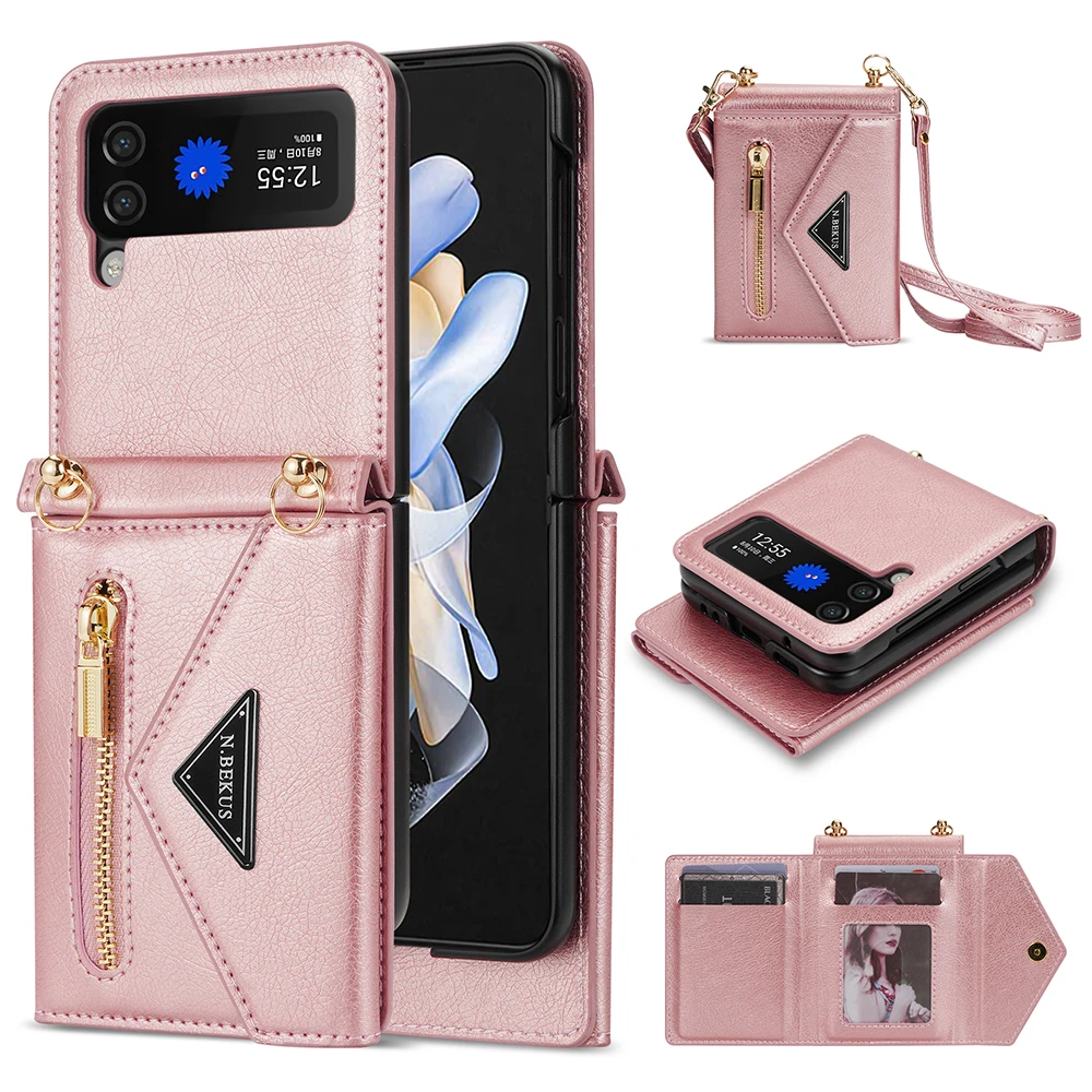

Crossbody Leather Card Slot Zipper Wallet Case for Samsung Galaxy Z Flip 4 3 flip3 flip4 5G Phone Cover Cards holder Strap Coque