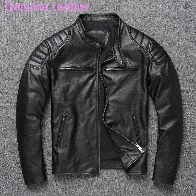 

Genuine New Vintage Style Mens Real Cowhide Clothes Biker Fashion Brown Slim Coat Men Cow Leather Jacket