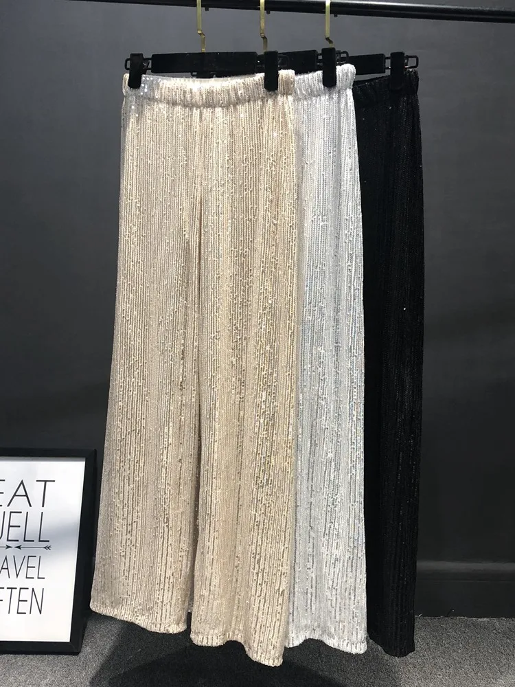 

Silver Full Sequined 2023 Women Wide Leg Pant Elastic Waist Bling Luxury Chic Capris Casual Gold Long Pant Female Club