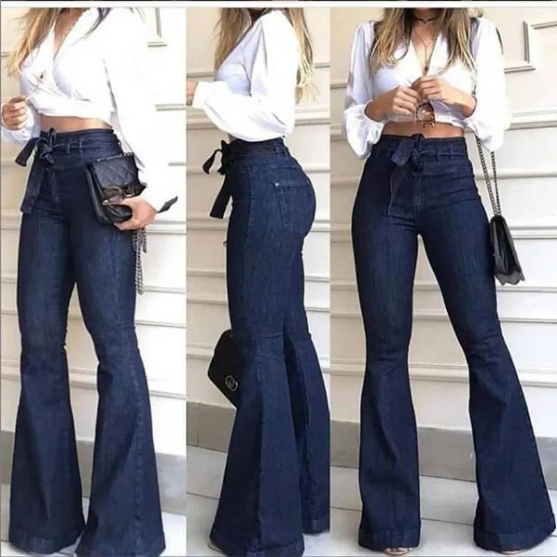 

Women Denim Tie Waist Flare Jeans Boyfriend Jeans Ladies High Waist Skinny bell bottom jeans Pants Autumn Wide Leg Mom Jeans