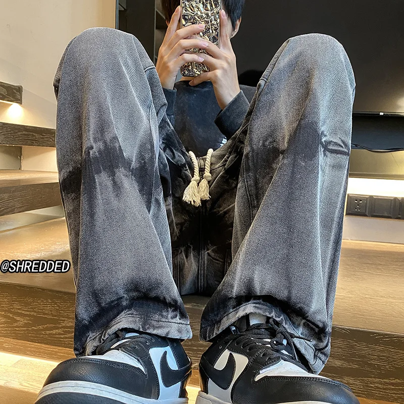 Tie Dyed Gradient Jeans for Men Autumn and Winter Vibe High Street Trendy Long Mens Pants