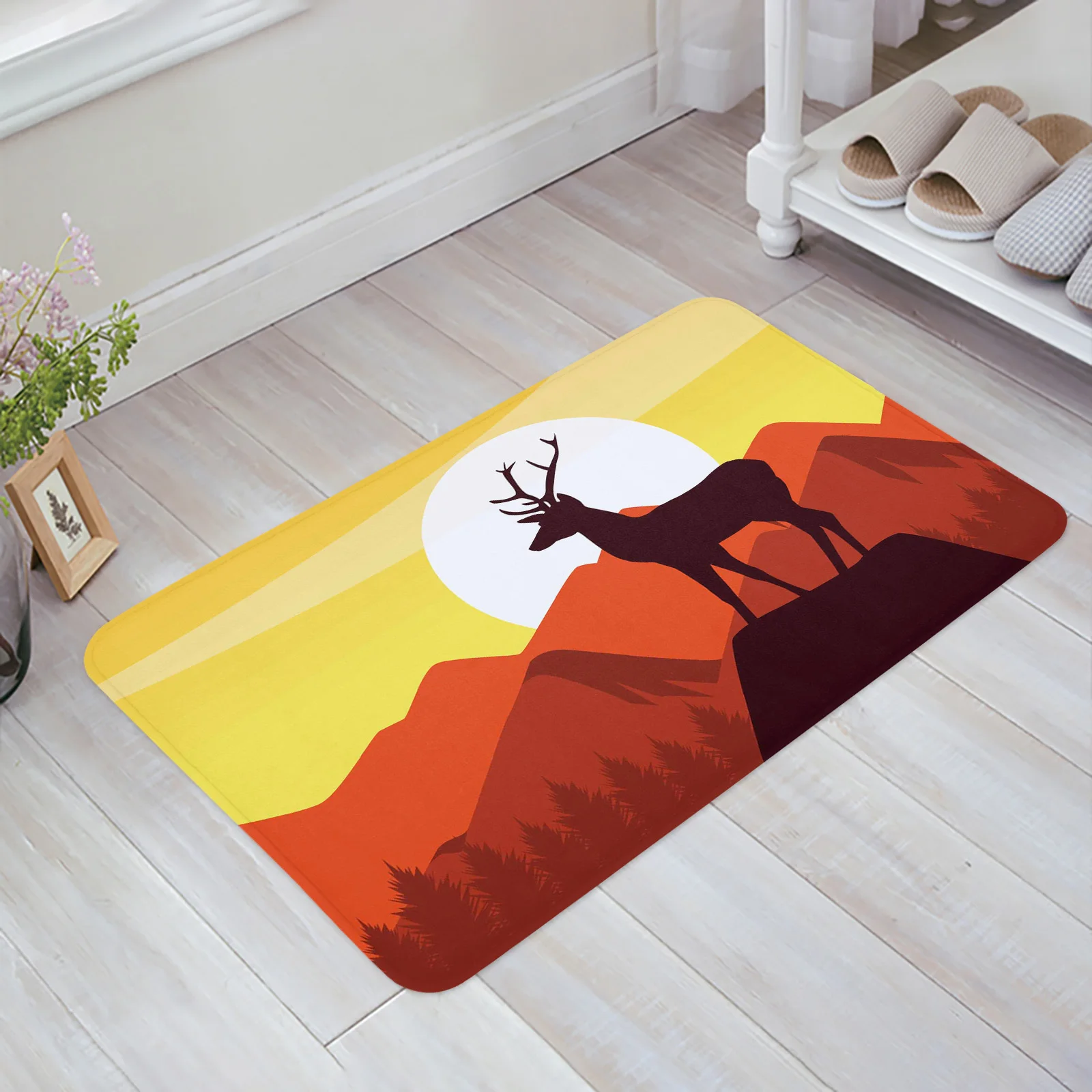 

Deer Silhouette Mountain Sunset Home Entrance Doormat Kitchen Bathroom Floor Anti-slip Floor Mat Living Room Bedroom Decor Mat