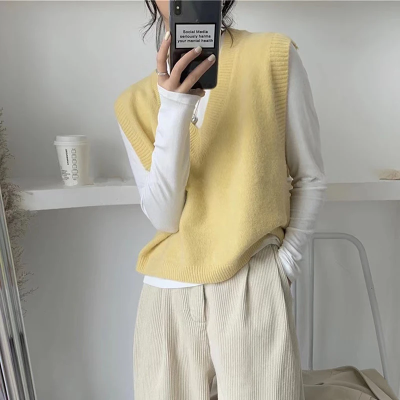 

Women Sweater Vest Female Solid Sleeveless Pullover V-neck Knitted Top 2023 Fashion Korean Knitwear Spring Autumn Jumper Tops