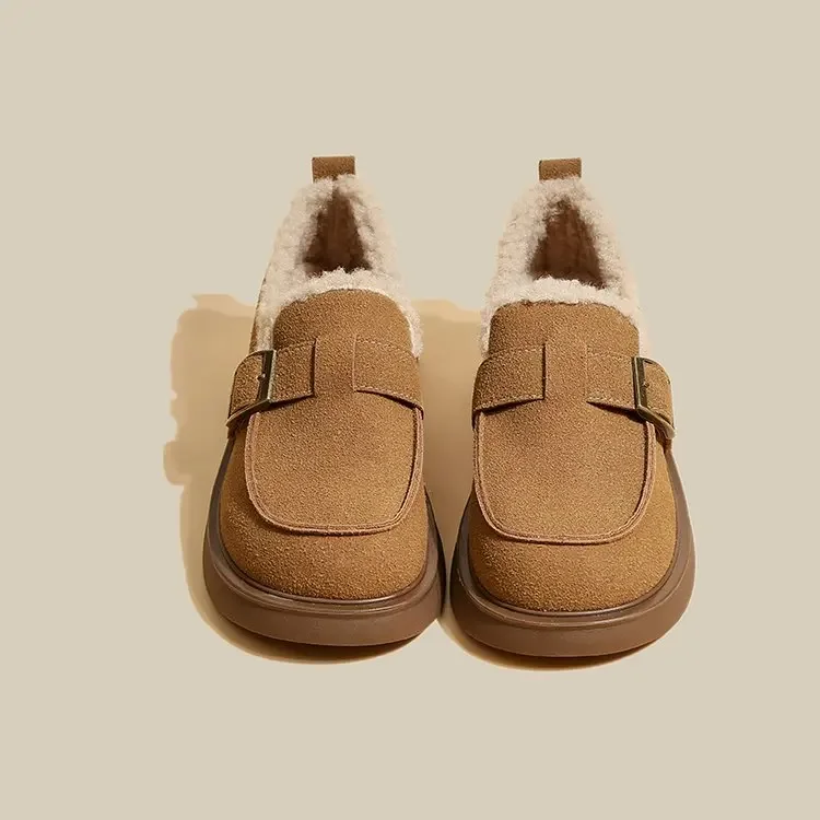 

Warm Solid Color Square Toe Flats Thick Soles Women Handmade Fashion Simple Basic Style Light Mouth Buckle Vulcanized Shoes