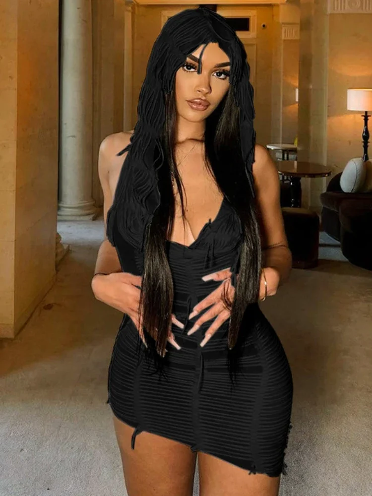 

XIZOU Tassel Bodycon Mini Dress White Sleeveless Backless Sexy Hooded y2k Dress Elegant Party Evening Black Dresses for Women
