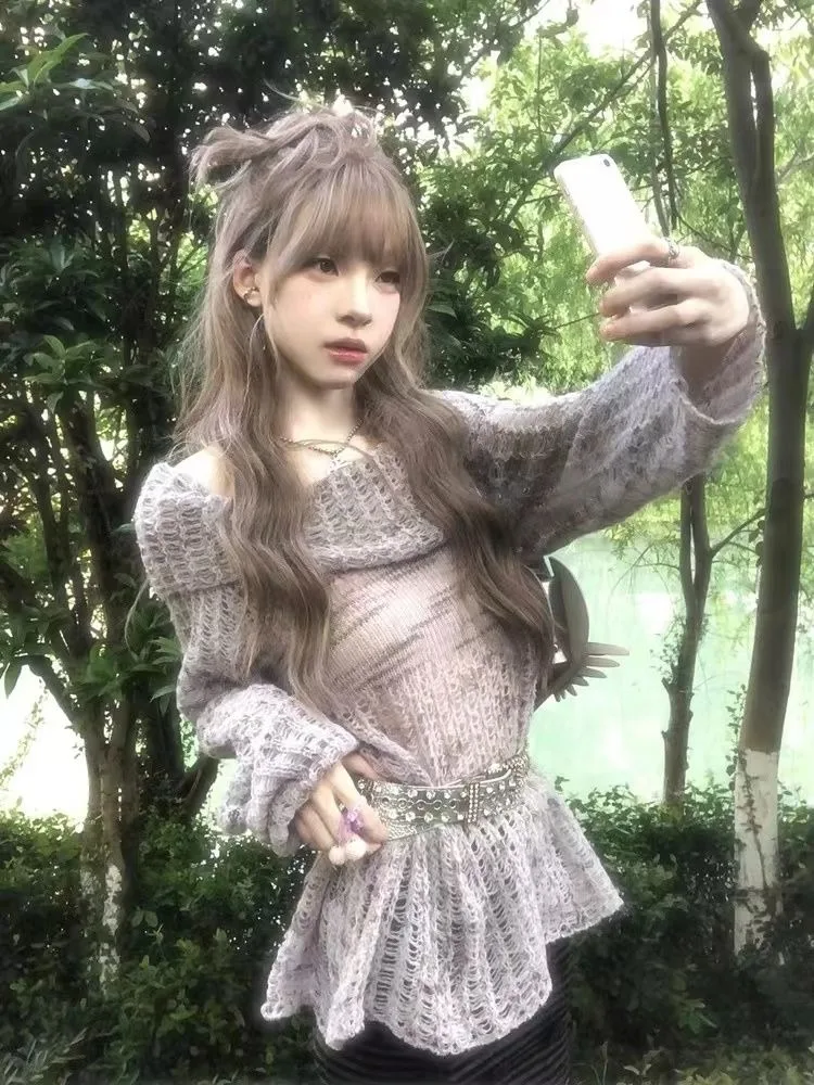 Модные пуловеры с вырезом на шее Y2k свитера длинными рукавами в стиле гранж Mujer