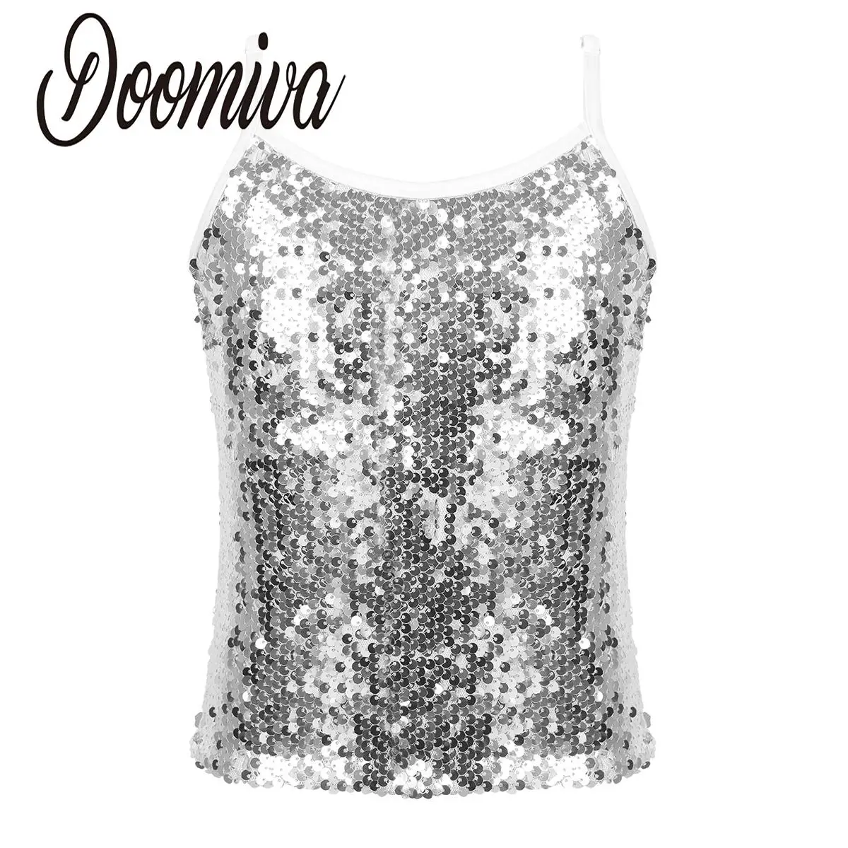 

Детский Блестящий танцевальный укороченный топ с блестками для девочек, майка без рукавов с круглым вырезом, топы, жилет для джазовых выступлений в тренажерном зале, рубашка